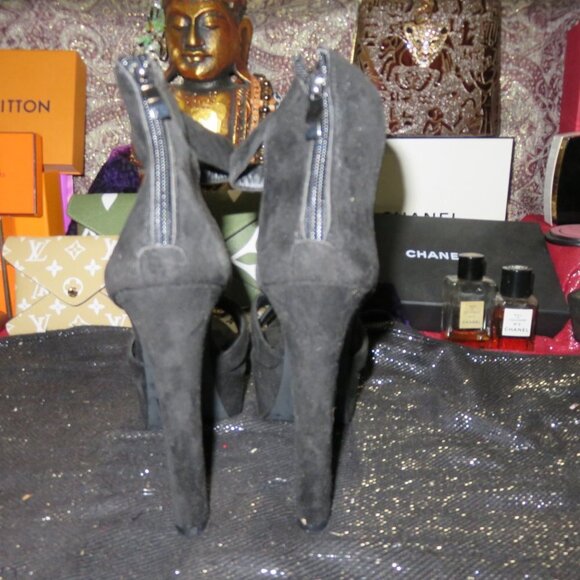 Black Suede Leather Platform Ankle Strap Chunky Heeled Stilettos sz 41 US 10.5 - Picture 4 of 10